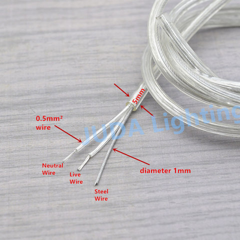 Прозрачный квадратный кабель питания 0,5 мм, шнур со стальным проводом, электрические провода, 2 ядра, кабель для светодиодных подвесных светильников ► Фото 1/1