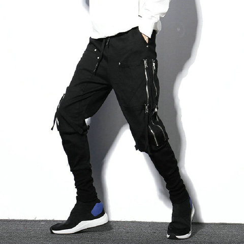 Черные уличные шаровары, мужские хип-хоп брюки с карманами на молнии, мужские спортивные брюки, повседневные тонкие Джоггеры для мужчин ► Фото 1/5