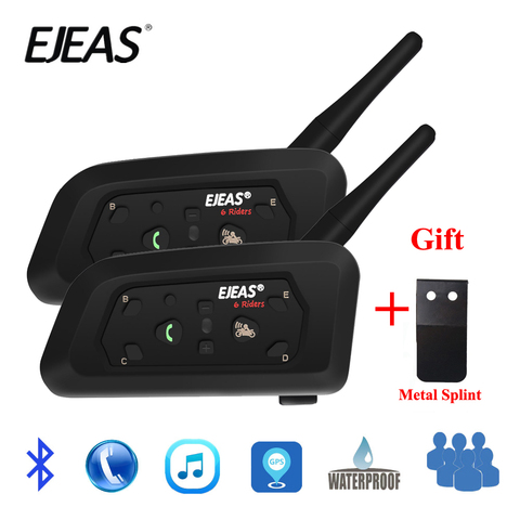 2 шт., EJEAS V6 PRO, Bluetooth, мотоциклетный домофон, шлем, гарнитура, 6 всадников, 1200 м, коммуникатор, интерфон + металлическая шина ► Фото 1/6