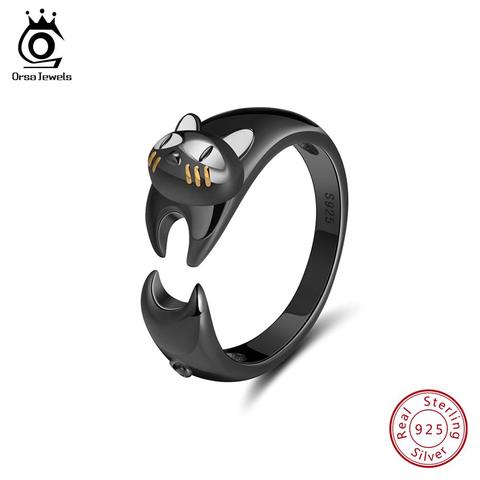 ORSA JEWELS Настоящее серебро 925 пробы женское кольцо яркое черное растягивающееся Кот Регулируемый размер полированное ювелирное изделие для девочек SR93 ► Фото 1/1