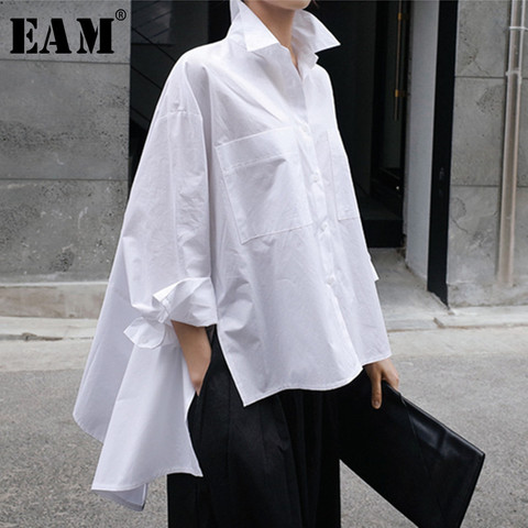 Женская Асимметричная рубашка EAM, белая Свободная блузка с отложным воротником и длинным рукавом, большие размеры, весна-осень 2022 ► Фото 1/5