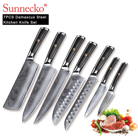 Набор кухонных ножей из дамасской стали SUNNECKO VG10, японские резаки для мяса из стали, рукоятка G10, шеф-повар, нож для чистки Овощей ► Фото 1/6