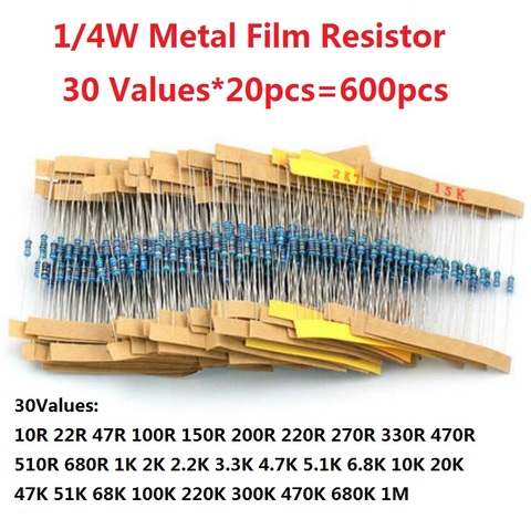 600 шт. (30 видов по 20 шт.) набор металлических пленочных резисторов 1/4 Вт 1% комплект резисторов в ассортименте 1K 10K 10R 22R 100R 150R 200R ► Фото 1/1
