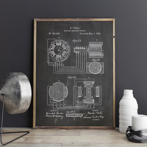 Nikola Tesla Motor Patent чертеж винтажные плакаты и принты искусство Магнитный мотор настенная Картина на холсте подарок домашний декор ► Фото 1/6