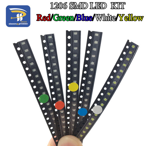 100 шт./лот 1206 SMD белый, красный, синий, зеленый, желтый 20 шт., супер яркие 1206 SMD светодиодные диоды, комплект упаковки ► Фото 1/6