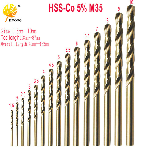 Высокоскоростное кобальтовое Сверло HSS-Co 5% M35, 15 шт./компл., 1,5-10 мм, длина 40-133 мм, для сверления дерева и металла, высокое качество ► Фото 1/6