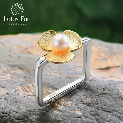 Lotus Fun Реальные Стерлингового Серебра 925 Природных Перл Handmade Fine Jewelry Square Ring Свежий Клевер Цветок Кольца для Женщин Bijoux ► Фото 1/6