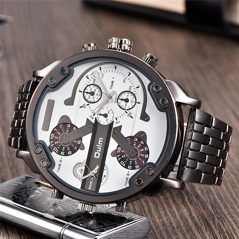 Часы Oulm Мужские кварцевые с двумя часовыми поясами, роскошные брендовые оригинальные большие наручные в стиле милитари, большие ► Фото 1/6