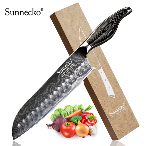 Кухонный нож Santoku 7 дюймов SUNNECKO, японский нож VG10 для бритвы из дамасской стали, острое лезвие, ножи Pakka с деревянной ручкой, резак для мяса ► Фото 1/6
