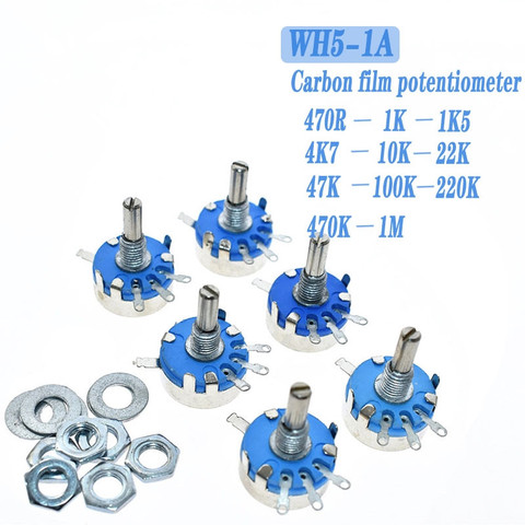 WH5-1A углеродный потенциометр 1K 2K 10K 47K 4K7 470R 100K 470K 220K 1K5 22K 1M ohm 3-контактный круглый вал вращающийся конус WH5 ► Фото 1/6