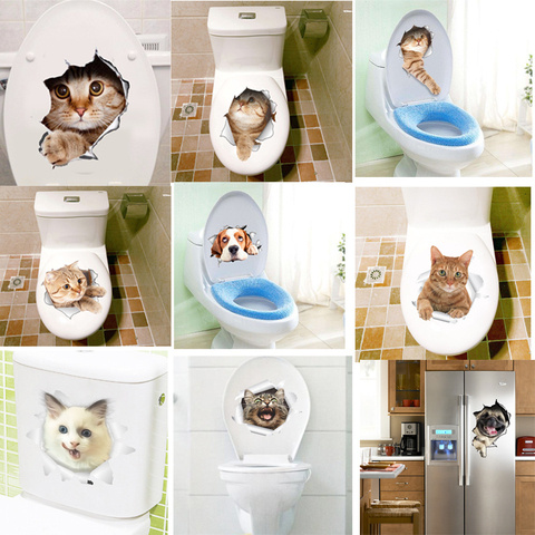 Наклейки на дверь туалета с 3d-эффектом для кошек и туалета, мультяшная Настенная Наклейка на холодильник, наклейки для домашней ванной комн... ► Фото 1/3