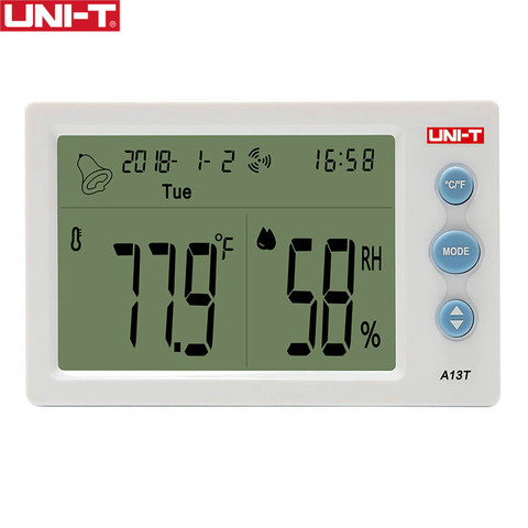 UNI-T A13T измеритель температуры и влажности; Таблица температуры и влажности в помещении, дисплей температуры/даты/недели/влажности ► Фото 1/5