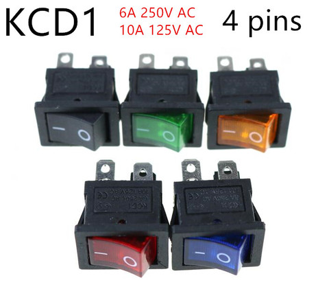 KCD1 On-Off 4Pin клавишный переключатель 6A/10A 250V/125V AC красный желтый зеленый синий Кнопка Лучшая цена KCD1 ► Фото 1/6
