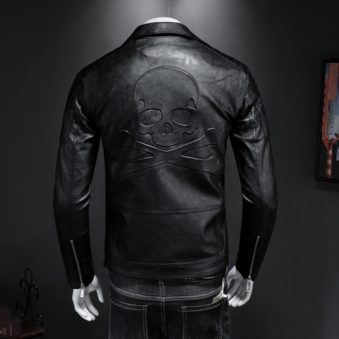 Мужская кожаная мотоциклетная куртка boomer, черная приталенная куртка с лацканами и черепом в стиле панк, 2022 ► Фото 1/6