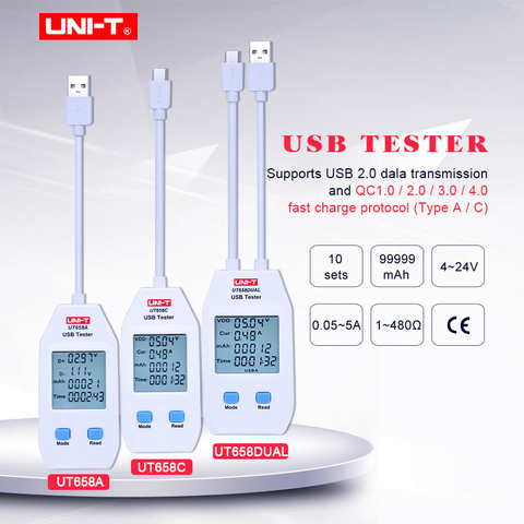 USB-тестер UNI-T UT658A/C/двойные Мониторы напряжения и тока Вольт амперы цифровой измеритель емкости зарядного устройства с хранилищем данных ► Фото 1/6