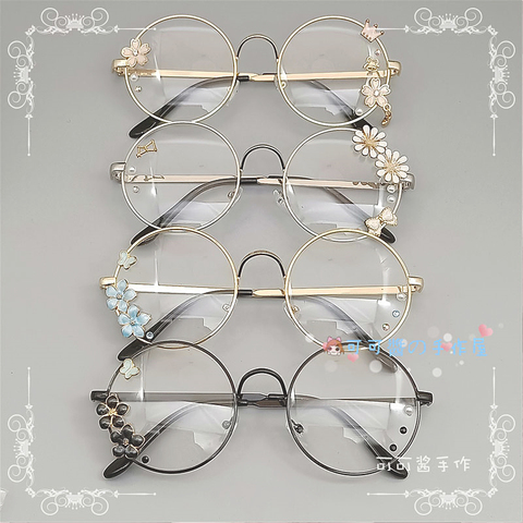 Мягкие плоские очки Lolita, ретро металлические круглые японские декоративные очки в стиле Харадзюку с цветком вишни для девочек ► Фото 1/5