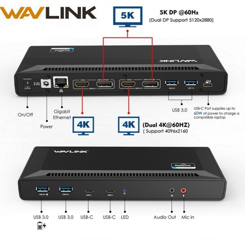 Универсальная док-станция Wavlink 4K, с двумя гигабитными Ethernet-портами, USB 3,0, 5K, HDMI, DP дисплей, с Windows Mac OS ► Фото 1/6