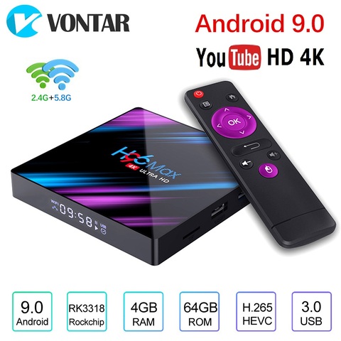 Приставка смарт-тв VONTAR H96 MAX, Android 9,0, 4 + 64 гб, wi-fi, 2 + 16 гб ► Фото 1/5