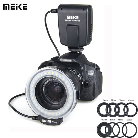 Светодиодная Кольцевая вспышка Meike FC 100 для Nikon D200 D3100 Canon EOS 70D 60D T4i T3i 6D DSLR ► Фото 1/6