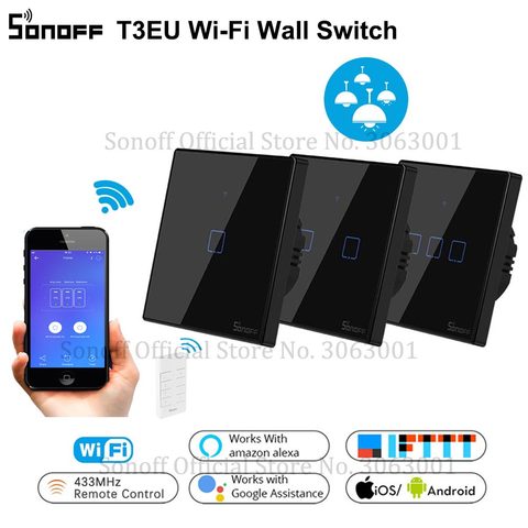 Интеллектуальный выключатель света SONOFF T3EU TX Smart Wi-Fi настенный сенсорный выключатель Черный с границы умный дом 1/2/3 433 RF/Голосовое управление/приложение Управление работает с Amazon Alexa работать с Алиса ► Фото 1/6