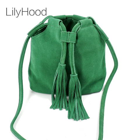LilyHood 2022 маленькая сумка-ведро из натуральной кожи для женщин, модная повседневная Летняя замшевая зеленая сумка-Кроссбоди Ibiza с бахромой ► Фото 1/6