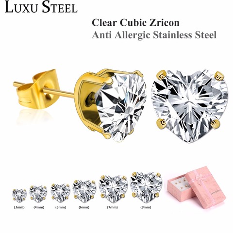 Серьги-гвоздики LUXUSTEEL из нержавеющей стали в форме сердца золотого цвета с кристаллами для женщин/девушек 6 пар/кор. ► Фото 1/6