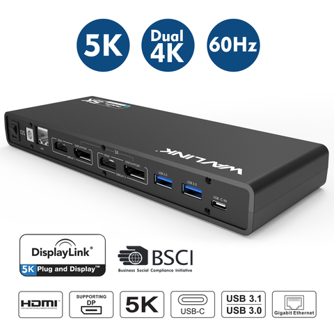 Универсальная док-станция Wavlink USB 3,0 для ноутбука, USB C, 5K, Dual 4K, HDMI DP, несколько дисплеев, гигабитный Ethernet дисплей, порт Windows ► Фото 1/6
