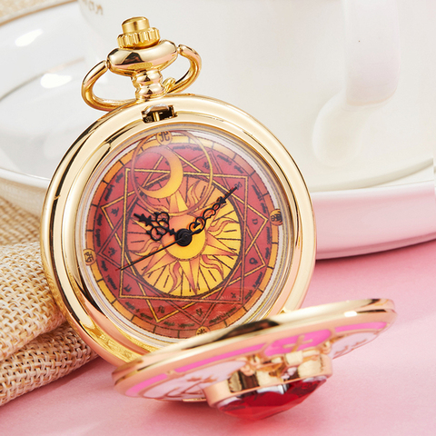 Японский аниме Cardcaptor Sakura золотые карманные часы, ожерелье, звезда, драгоценный камень, розовый кулон, цепочка, часы для женщин, волшебные час... ► Фото 1/6