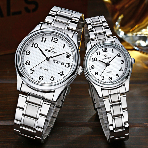 WWOOR 2022 модные часы для пар, брендовые полностью Стальные кварцевые парные часы с браслетом для мужчин и женщин, часы для влюбленных, подарки ... ► Фото 1/6