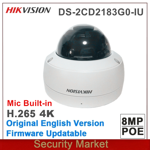 Оригинальный Hikvision английская 8MP DS-2CD2183G0-IU 4K WDR (широкий динамический диапазон) фиксированная ИК IP CCTV POE купольные поворотные сетевые видеокамеры, Камера со встроенным микрофоном ► Фото 1/1