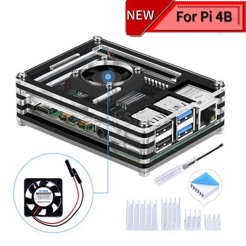 Акриловый прозрачный/прозрачный и черный чехол для Raspberry Pi 4, Модель B, с охлаждающим вентилятором для Raspberry Pi 4B ► Фото 1/6