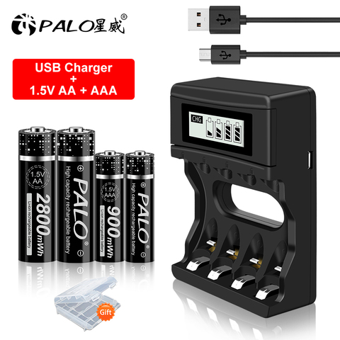 Литий-ионная аккумуляторная батарея PALO 1,5 в AA + литий-ионные аккумуляторные батареи 1,5 в AAA и зарядное устройство для литий-ионных батарей 1,5 в ► Фото 1/6