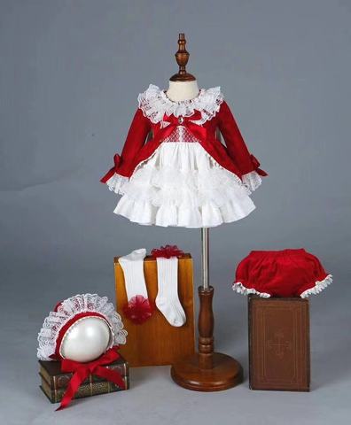 Демисезонное красное бархатное винтажное платье с помпонами для девочек, 4 шт. ► Фото 1/6