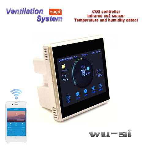 Wi-Fi-анализатор CO2 TUYA APP управляет системой вентиляции воздуха, с датчиком температуры и влажности, отображением погоды ► Фото 1/6