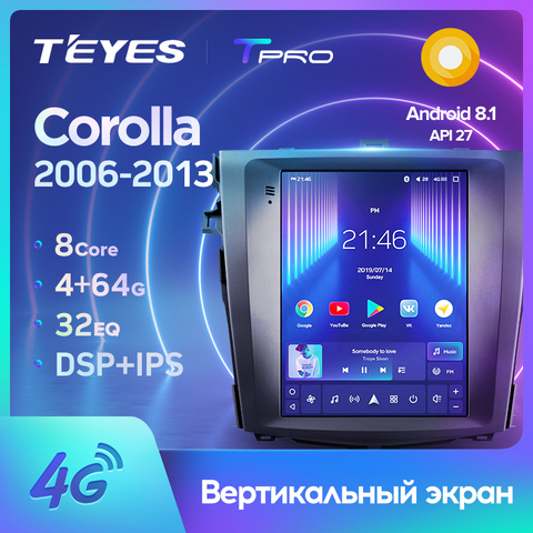 TEYES TPRO Штатная магнитола для Тойота Королла 10 E140 E150 Экран Тесла Стиль Тесла Toyota Corolla 10 Tesla screen Tesla style Android 8.1, 2DIN автомагнитола 2 DIN DVD GPS мультимедиа автомобиля головное устройство ► Фото 1/6