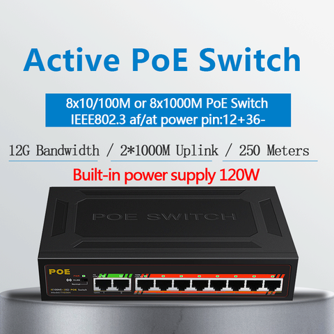 Коммутатор PoE с 8 портами, 48 В, активный коммутатор IEEE 802,3, коммутатор ethernet af/at, 2 гигабитных uplnk для IP/PoE камеры/беспроводного AP 250 метров ► Фото 1/6