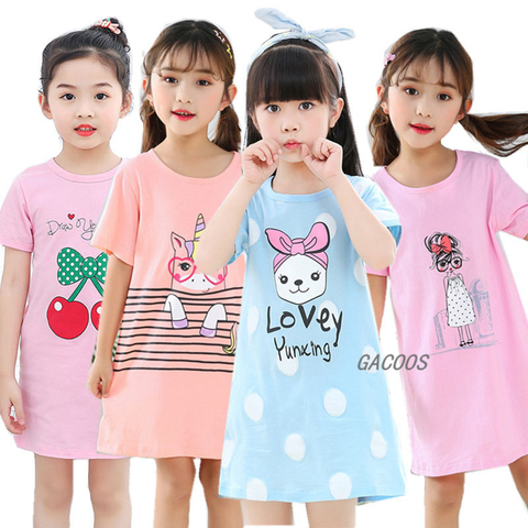 Одежда для девочек, ночная рубашка, хлопковые пижамы, летняя ночная рубашка с единорогом, одежда для маленьких девочек, одежда для сна, мультяшное детское платье для сна ► Фото 1/6