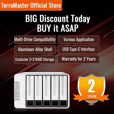 TerraMaster D5-300C USB3.0(5 Гбит/с) Тип C 5-Bay RAID корпус Поддержка RAID 0/1/одиночный эксклюзивный 2 + 3 RAID режим (бездисковый) ► Фото 1/6