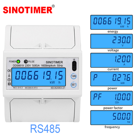 Однофазный измеритель энергии 5(80)A 230 В переменного тока RS485 Modbus RTU, Электрический измеритель потребления, монитор с подсветкой, DIN-рейка ► Фото 1/6