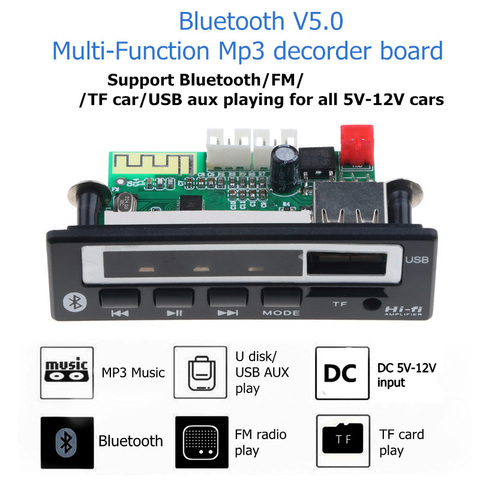 Bluetooth V5.0 MP3 плеер, стерео беспроводной приемник 5 в 12 В Mp3 декодер плата автомобильный FM радио модуль TF USB аудио адаптер ► Фото 1/6