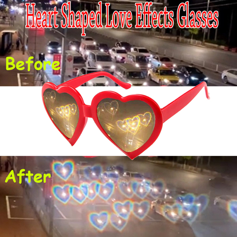 Солнцезащитные очки с особыми эффектами, часы с подсветкой меняются на Ночные очки в форме сердца, модные очки с дифракцией в форме сердца ► Фото 1/6