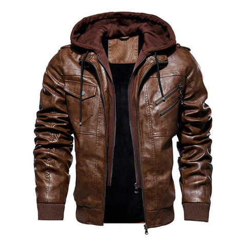 Зимняя мужская кожаная куртка, мотоциклетная куртка с капюшоном, мужская теплая куртка из искусственной кожи для отдыха, M-4XL ► Фото 1/6