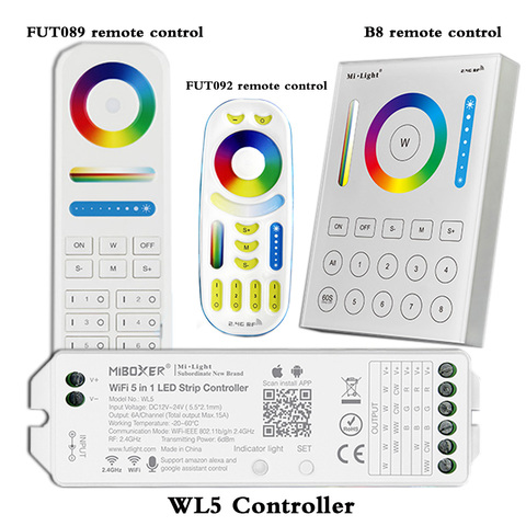 Контроллер WL5 Wi-Fi 5 в 1 для светодиодной ленты RGBW RGB + CCT, 2,4 ГГц, дистанционное управление: FUT092,8 зон FUT089,B8, настенная сенсорная панель ► Фото 1/6