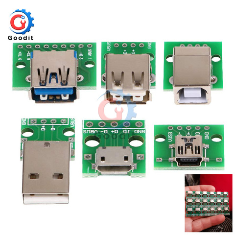 Микро-мини-usb USB A папа USB 2,0 3,0 A гнездо USB B разъем интерфейс к 2,54 мм DIP PCB адаптер-конвертер, разделочная плата ► Фото 1/6