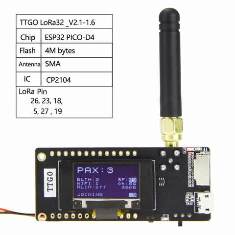 Беспроводной модуль TTGO LoRa32 V2.1, Bluetooth, Wi-Fi, 433/868/915 МГц, ESP32 OLED, 0,96 дюйма, Bluetooth, Wi-Fi, SMA IP5306 ► Фото 1/6