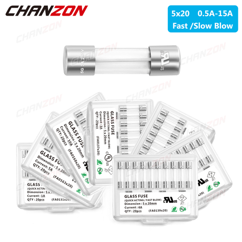 Стеклянный трубчатый Цилиндрический предохранитель 5x20, 5x20 мм, 0,5 A, 1A, 2A, 3a, 4A, 5a, 6a, 3a, 8a, 10A, 12A, 15A, 250 В, 125 В, 12 В для микроволновой печи, 20 шт. ► Фото 1/6