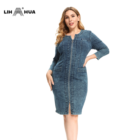 LIH Хуа Для женщин размера плюс платье из джинсовой ткани с высокой эластичностью, облегающие ногу, с Повседневное вязаное платье ► Фото 1/6
