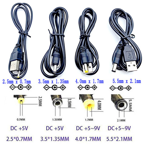 2 шт./лот USB 2,0 к адаптеру питания постоянного тока, кабель 2,5*0,7 3,5*1,35 4,0*1,7 5,5*2,1 мм, USB-кабель для зарядки, линейный соединитель ► Фото 1/6