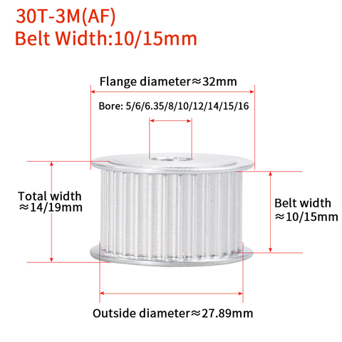 Синхронный шкив синхронизации 30 зубьев HTD 3M, диаметр отверстия 5/6/6.35/8/10/12/14/15/16 мм для ширины 10/15 мм 3 м ремень HTD3M сплав pulleyAF/BF 30 T ► Фото 1/4