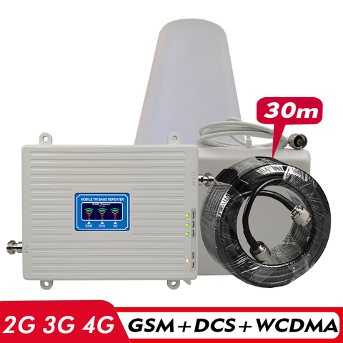 Трехдиапазонный усилитель 2G GSM 900 МГц + 4G DCS/LTE 1800(B3)+ 3G UMTS/WCDMA 2100(B1), ретранслятор мобильного сигнала, комплект антенн сотового усилителя ► Фото 1/5